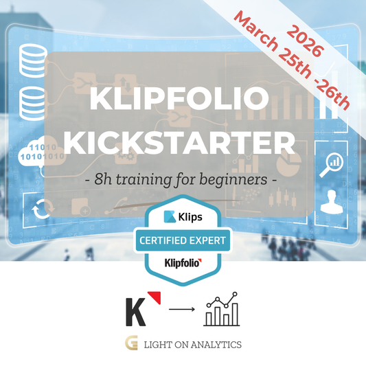 Promotional graphic for Klipfolio Kickstarter training with branding elements. Live training for beginners where they will learn how to use Klipfolio and build their first dashboard. Filter, formulas, dashboard design. Small cohorts, 15 spots max, starting March