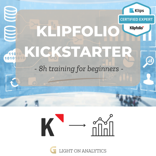 Promotional graphic for Klipfolio Kickstarter training with branding elements. Live training for beginners where they will learn how to use Klipfolio and build their first dashboard. Filter, formulas, dashboard design