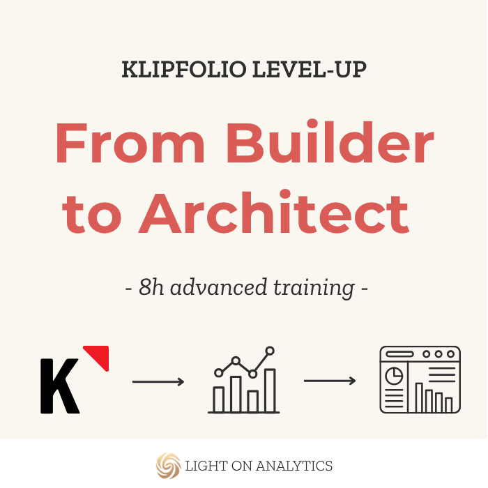 Promotional visuals for Klipfolio training, intermediate dashboards, advanced formulas, filters, variables, user input controls. In person training called Klipfolio Level-Up, From Builder to Architect