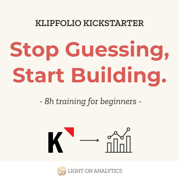 Promotional graphic for Klipfolio Kickstarter with text 'Stop Guessing, Start Building' and branding elements. Training for beginners, eight hours over two consecutive days, learning Klipfolio basics from data sources to simple formulas and how to build the first dashboard.